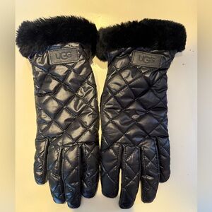 UGG Black Quilted Fur-Trim Gloves